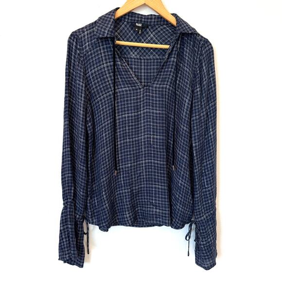 PAIGE Calissa Navy Plaid Flannel Peacoat Gunmetal Jimmy Check Top Medium - Picture 1 of 10